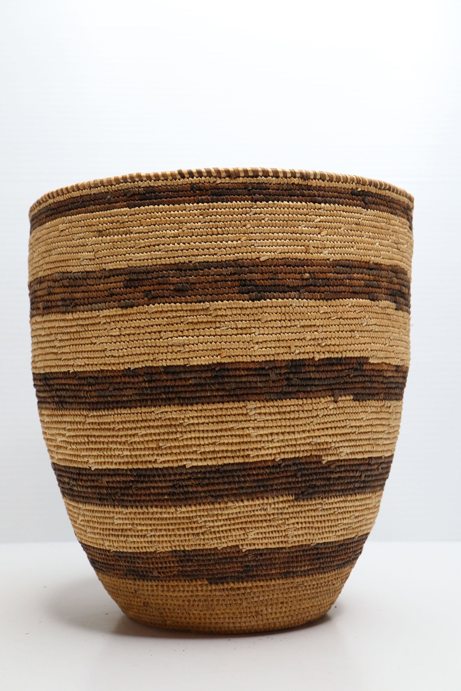 WOVEN COILED ROUND BASKET, STRIPED MOTIF: Woven Coiled Round Basket, Striped Motif, 9X9.5"H