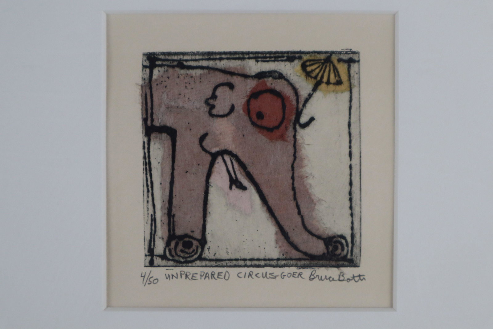 BRUCE BOTTS, ORIGINAL COLORED ETCHING TITLED "UNPREPARED CIRCUS-GOER", 4/50, MATTED AND FRAMED: Bruce Botts, Original Colored Etching Titled "Unprepared Circus-Goer", 4/50, Matted And Framed, Signed In Lower Right, Titled In Lower Middle, Edition Number In Lower Left, Image 4X4.25"H, Frame 11.5X
