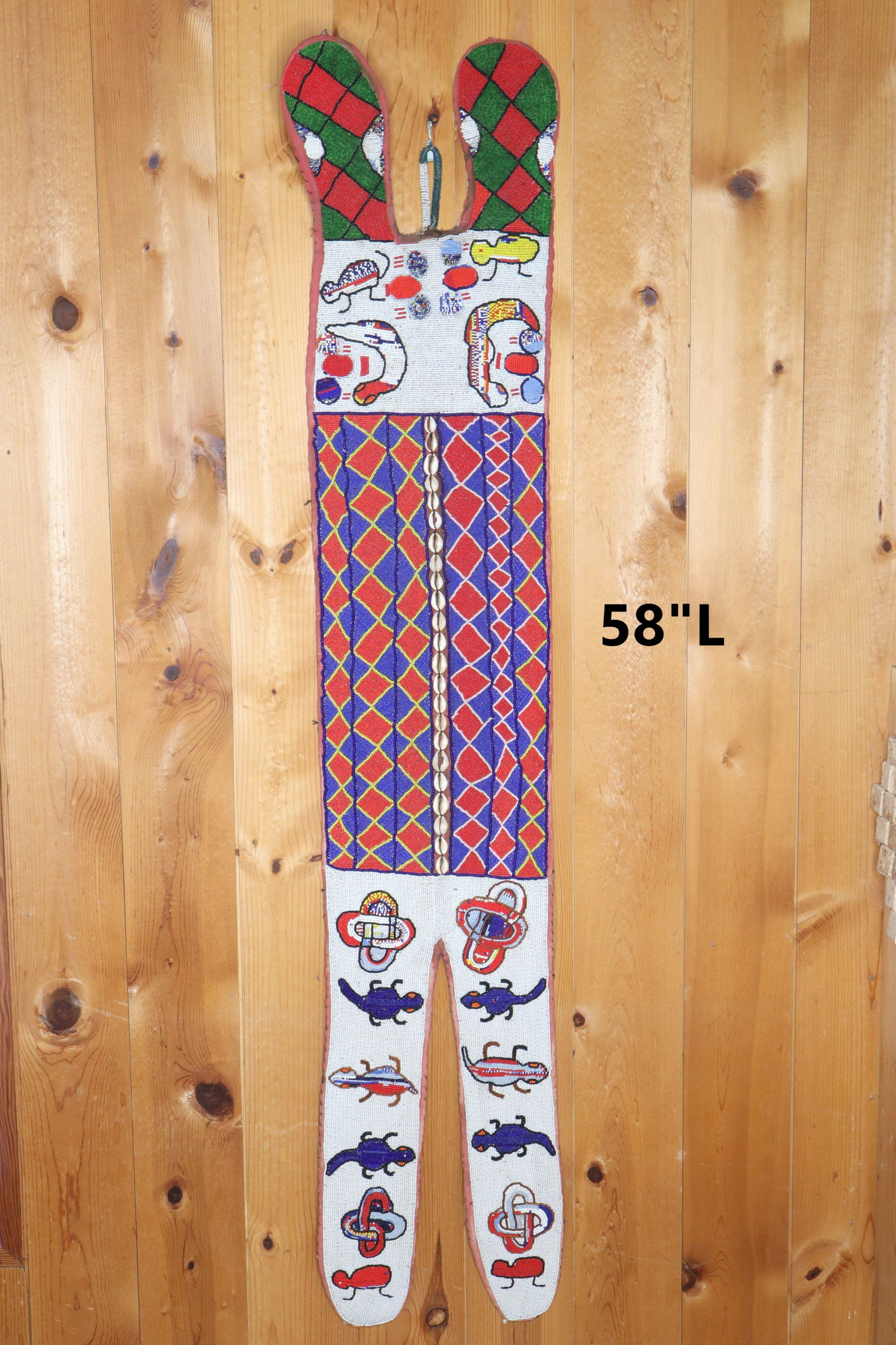 YORUBA AFRICAN BEADED WALL HANGING, EXTENSIVE MULTICOLORED BEADWORK EMBELLISHED WITH SHELLS: Yoruba African Beaded Wall Hanging, Extensive Multicolored Beadwork Embellished With Shells, 10.5"X58"L 4#