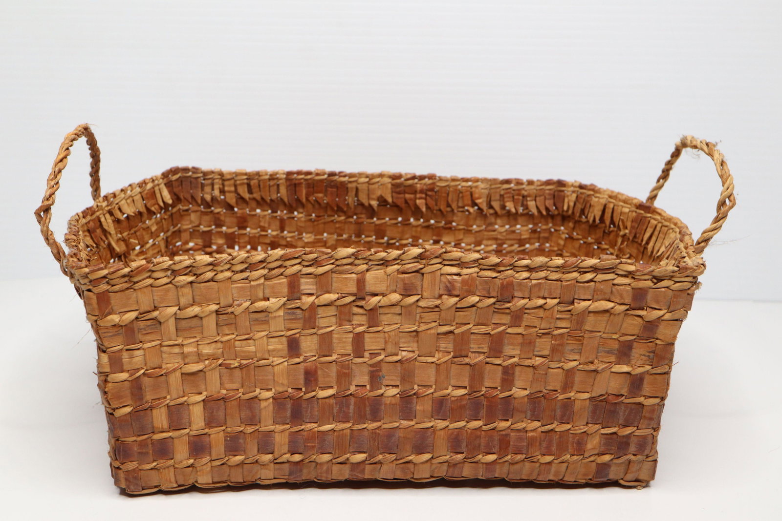 VINTAGE NATURAL FIBER PLAITED RECTANGLE BASKET: Vintage Natural Fiber Plaited Rectangle Basket, 12X9X4"H