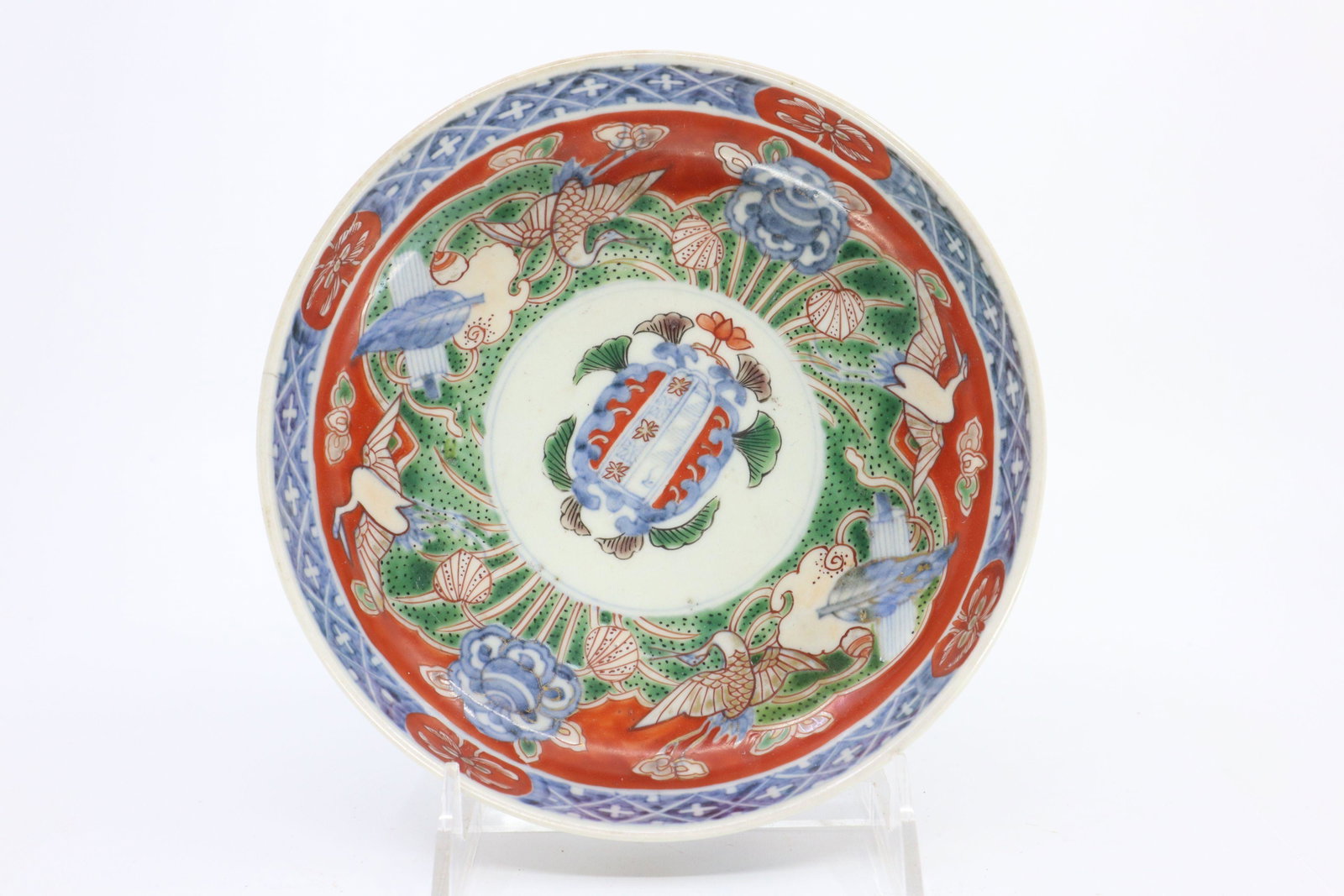 JAPANESE IMARI PORCELAIN BOWL, GREEN, RED, BLUE, WITH CRANES AND FLOWERS: Japanese Imari Porcelain Bowl, Green, Red, Blue, With Cranes And Flowers