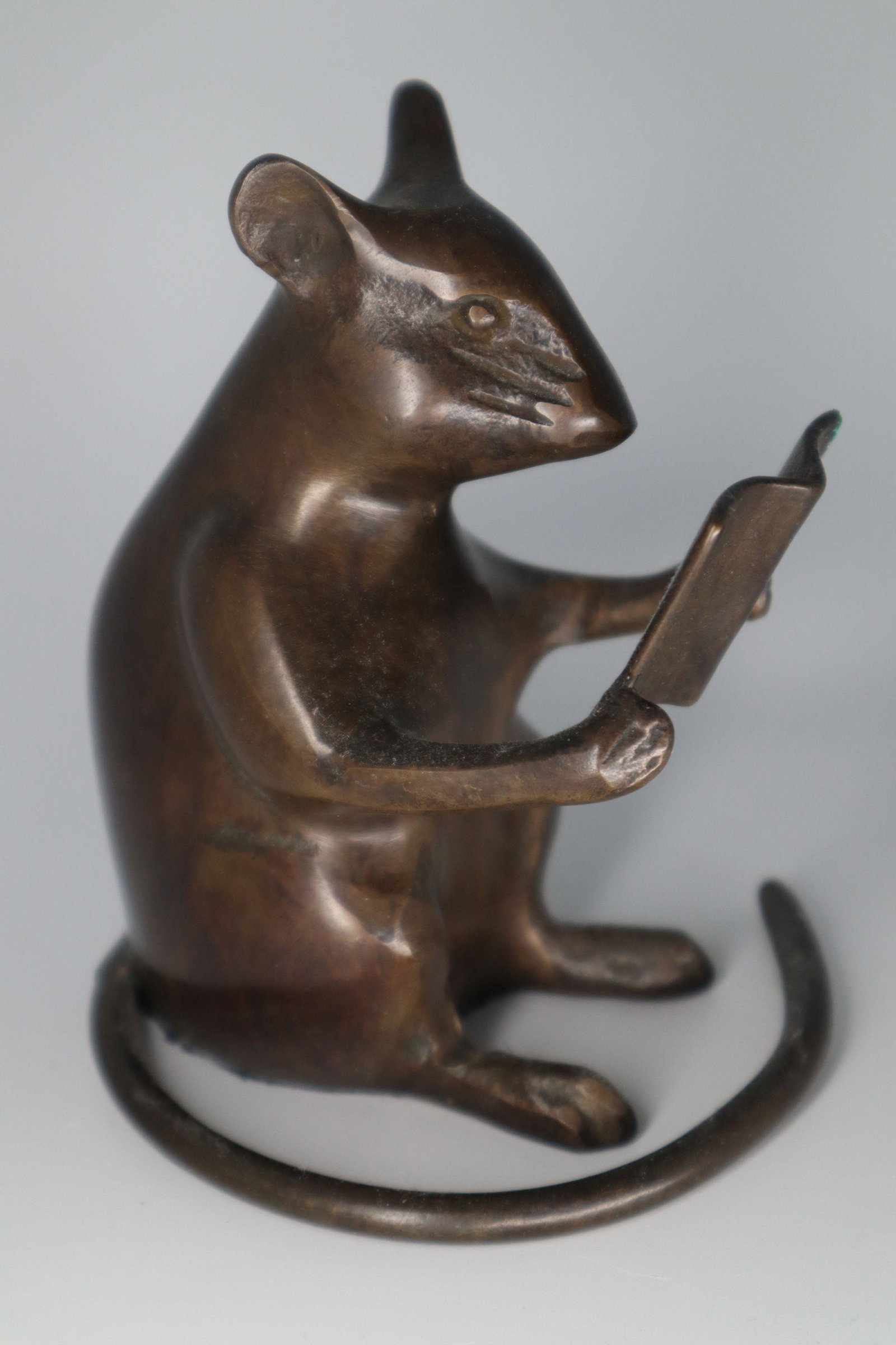 MOUSE READING A BOOK BRONZE SCULPTURE, ANDREA BY SADEK, MADE IN KOREA.: Mouse Reading A Book Bronze Sculpture, 4X4.75"H, Andrea By Sadek, Made In Korea.