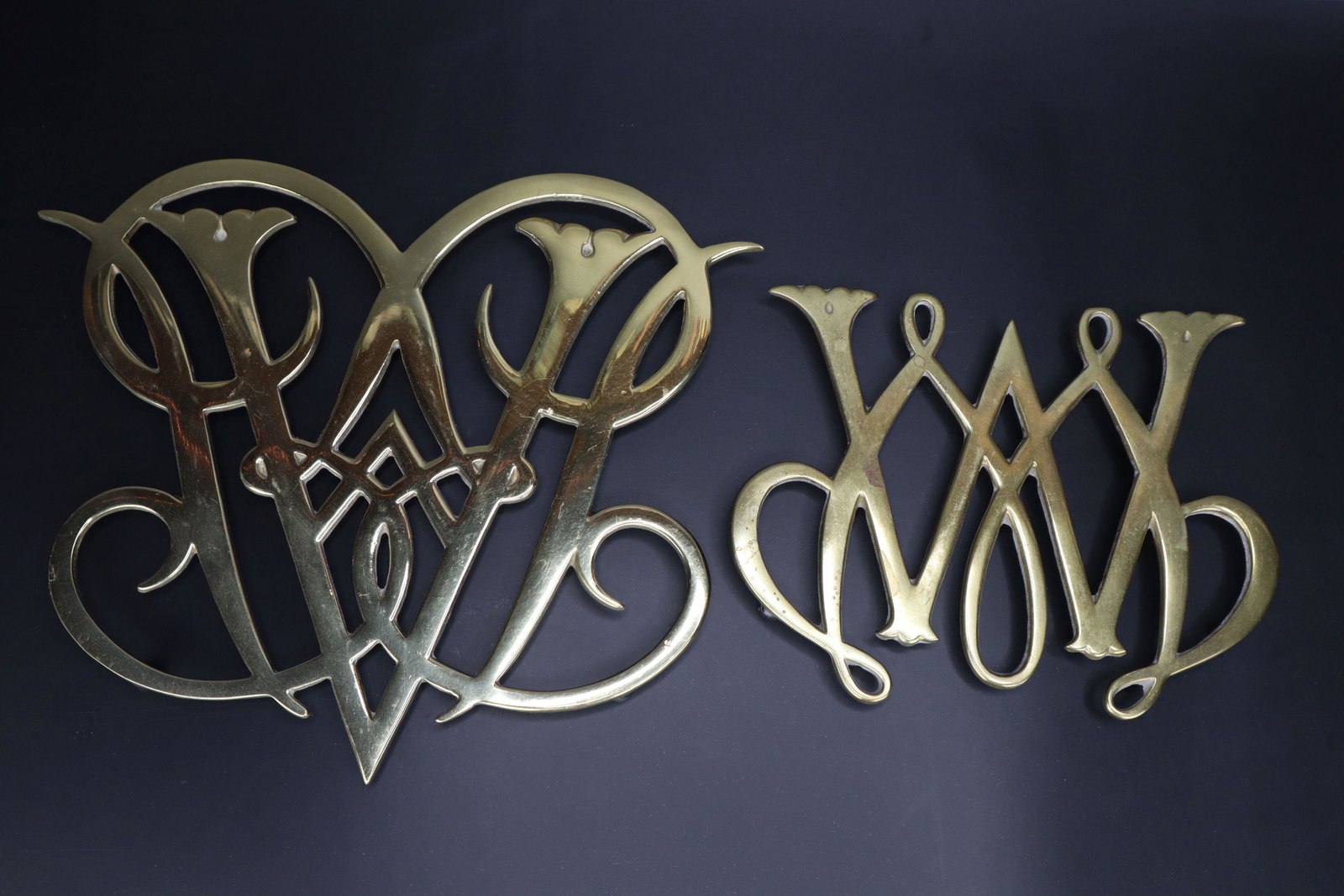 2 BRASS MONOGRAM TRIVETS, HOT PLATE STANDS: 2 Brass Monogram Trivet, Hot Plate Stands, Largest Is 10X9"