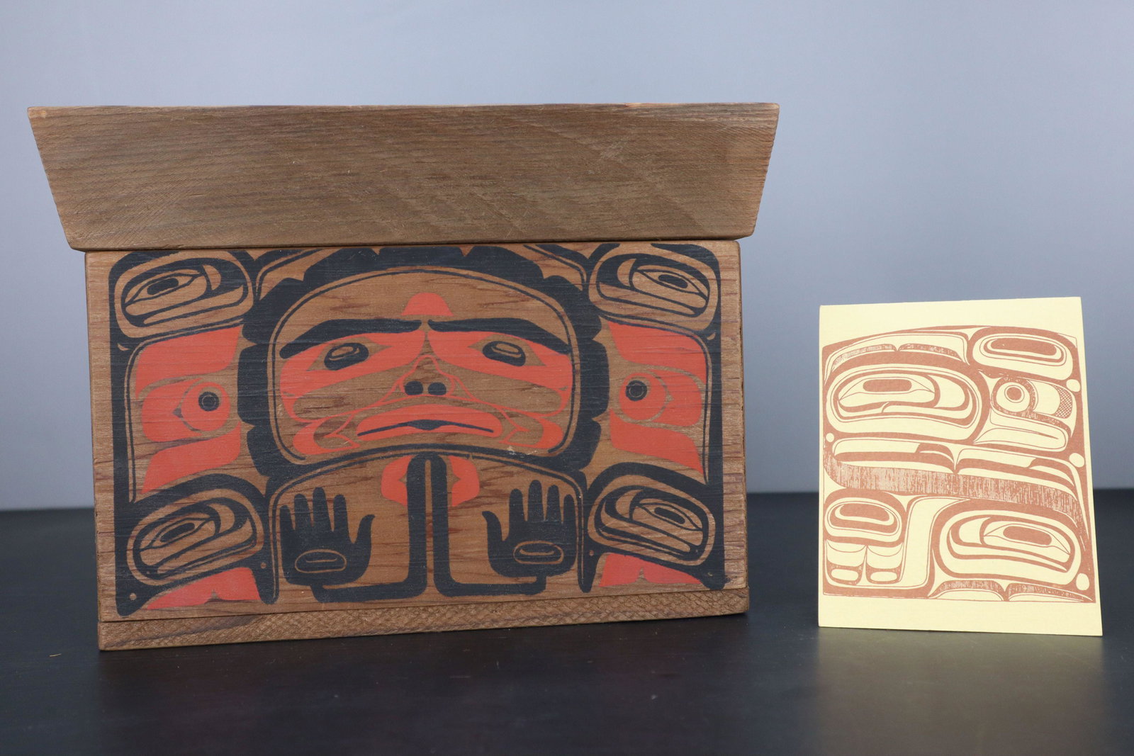LOUIS V LARSEN VINTAGE NORTHWEST COAST CEDAR PAINTED WOOD BOX WITH LABEL, 8.5X5.5X6"H: Louis V Larsen Vintage Northwest Coast Cedar Painted Wood Box With Label, 8.5X5.5X6"H