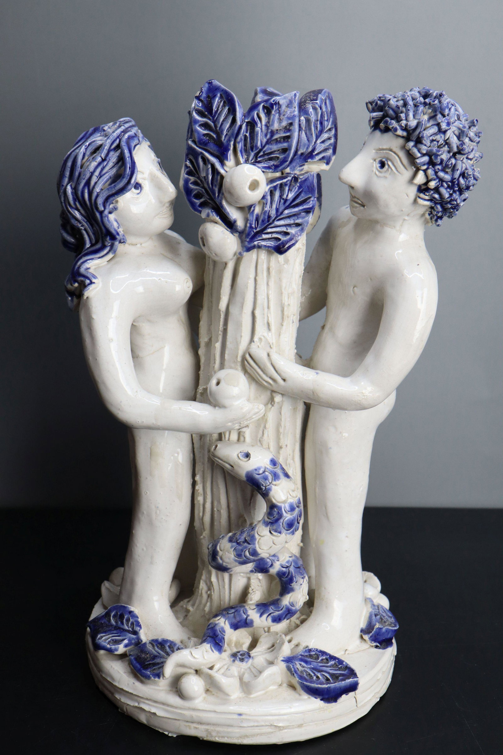 BLUE AND WHITE PORCELAIN EVE AND ADAM SCULPTURE AND CANDLESTICK, CHEVAL PLACE, LONDON, 7X10", 6#.: Blue And White Porcelain Eve And Adam Sculpture And Candlestick, Cheval Place, London, 7X10", 6#.