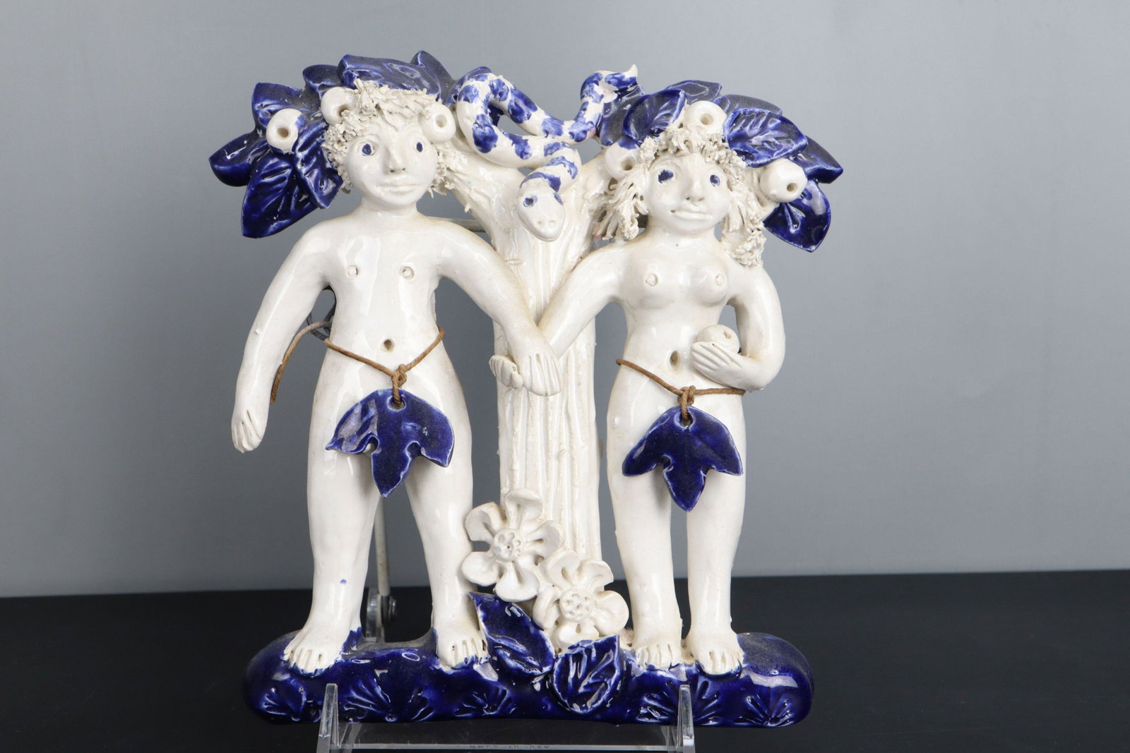 BLUE AND WHITE PORCELAIN EVE AND ADAM SCULPTURE, WALL HANGING, CHEVAL PLACE, LONDON: Blue And White Porcelain Eve And Adam Sculpture, Wall Hanging, Cheval Place, London, 7-1/4X7-1/2X1-5/8, 2#