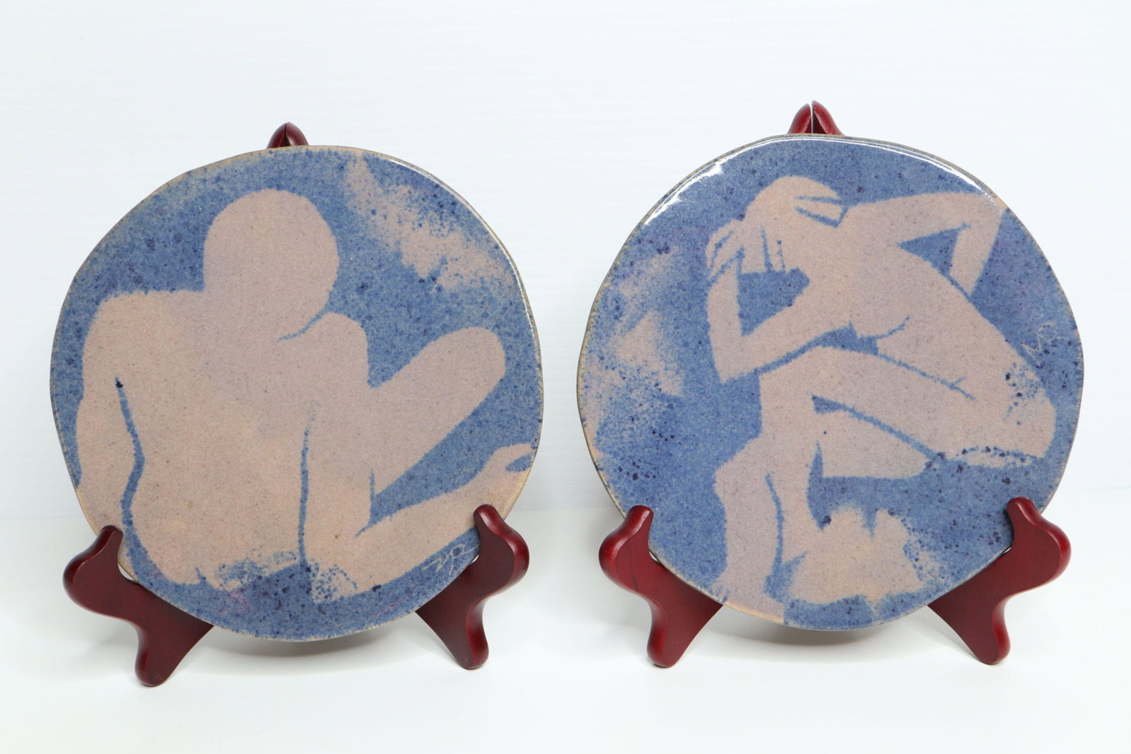 2 STUDIO ART POTTERY PLATES, BLUE GLAZE NUDE MAN AND WOMAN, SIGNED MR, 7-1/4X1",: 2 Studio Art Pottery Plates, Blue Glaze Nude Man And Woman, Signed Mr, 7-1/4X1",