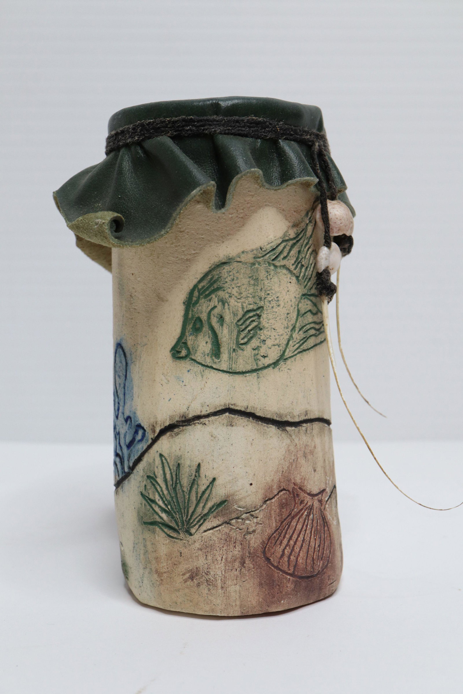 CERAMIC GLAZED AND INCISED RATTLE, LEATHER TOP, OCEAN MOTIF, MOON TOWN POTTERY '92, 2.5X5.25,1#: Ceramic Glazed And Incised Rattle, Leather Top, Ocean Motif, Moon Town Pottery '92, 2.5X5.25,1#