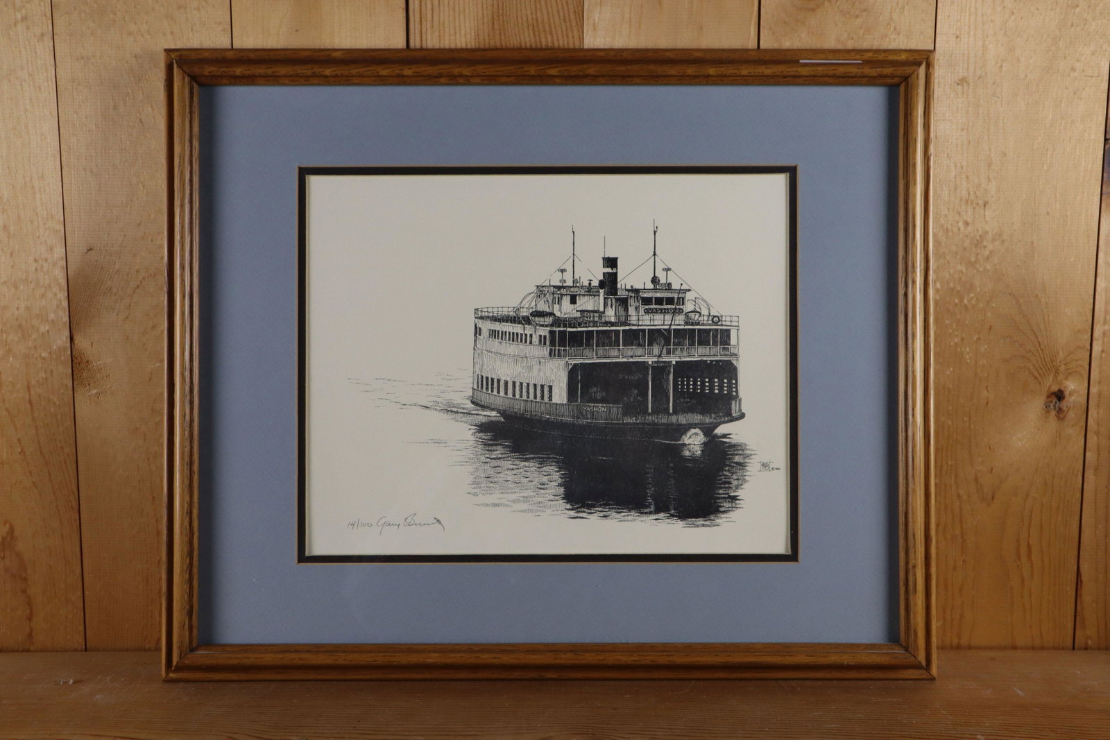 GARY B., LIMITED EDITION 14/100 PRINT, VASHON FERRY BOAT, 1980, SIGNED FRONT AND BACK: Gary B., Limited Edition 14/100 Print, Vashon Ferry Boat, 1980, Signed Front And Back, Frame 21.75X17.75, Art 14X10.5