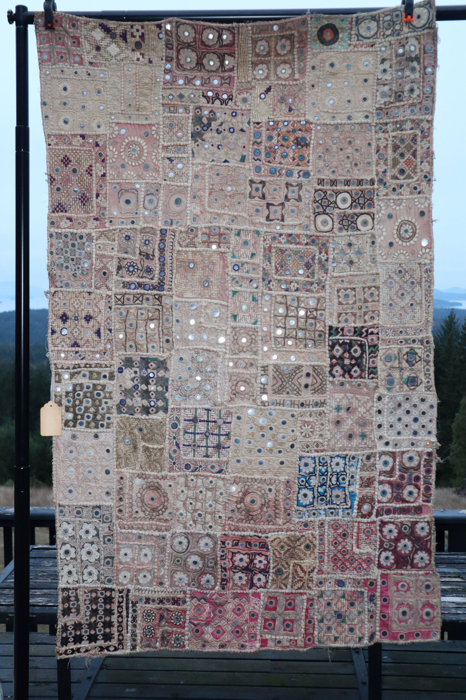 LARGE PATCHWORK EMBROIDERY MIRROR CLOTH HANGING, AFGHANISTAN, 37X60": Large Patchwork Embroidery Mirror Cloth Hanging, Afghanistan, 37X60"