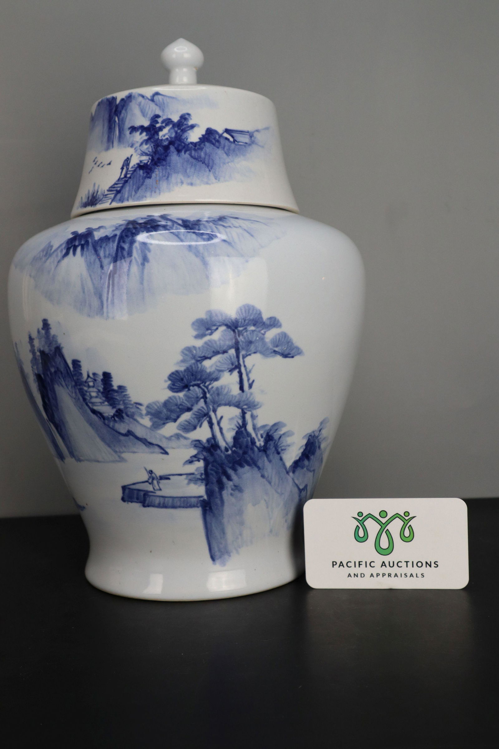 BLUE AND WHITE HAND PAINTED PORCELAIN COVERED JAR, LANDSCAPE, OCEAN, MOUNTAINS, TAIWAN ROC MARK.: Blue And White Hand Painted Porcelain Covered Jar, Landscape, Ocean, Mountains, 8.5X12", 6#, Taiwan Roc Mark.
