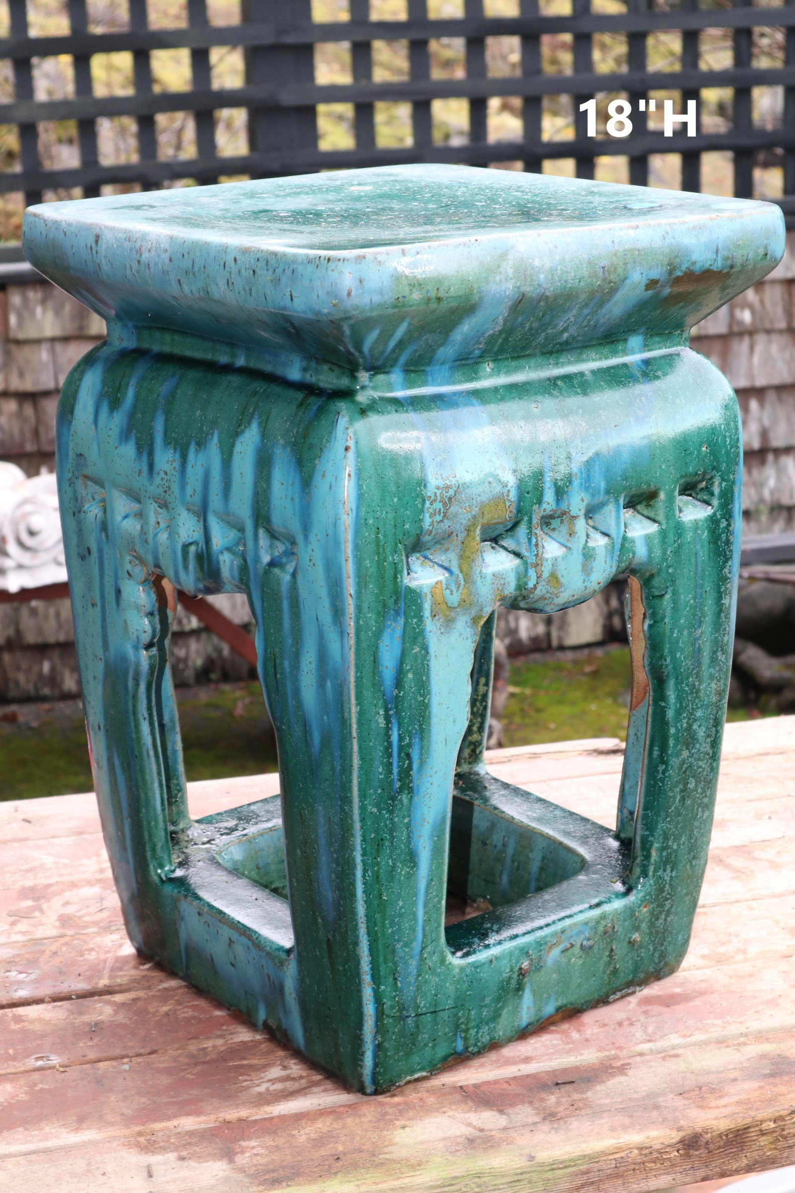 ANTIQUE CHINESE GARDEN STOOL, SPECKLED CRAZED GREEN GLAZE WITH BLUE UNDERGLAZE: Antique Chinese Garden Stool, Speckled Crazed Green Glaze With Blue Underglaze, Cut-Outs On All Four Sides, 12.5X12.5X18"H 45#