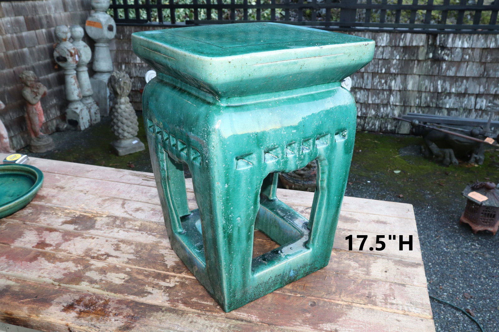ANTIQUE CHINESE GARDEN STOOL, SPECKLED CRAZED GREEN GLAZE, BLUE UNDERGLAZE, CUT-OUTS ON ALL SIDES: Antique Chinese Garden Stool, Speckled Crazed Green Glaze With Blue Underglaze, Cut-Outs On All Four Sides, 12.5X12.5X17.5"H 45#