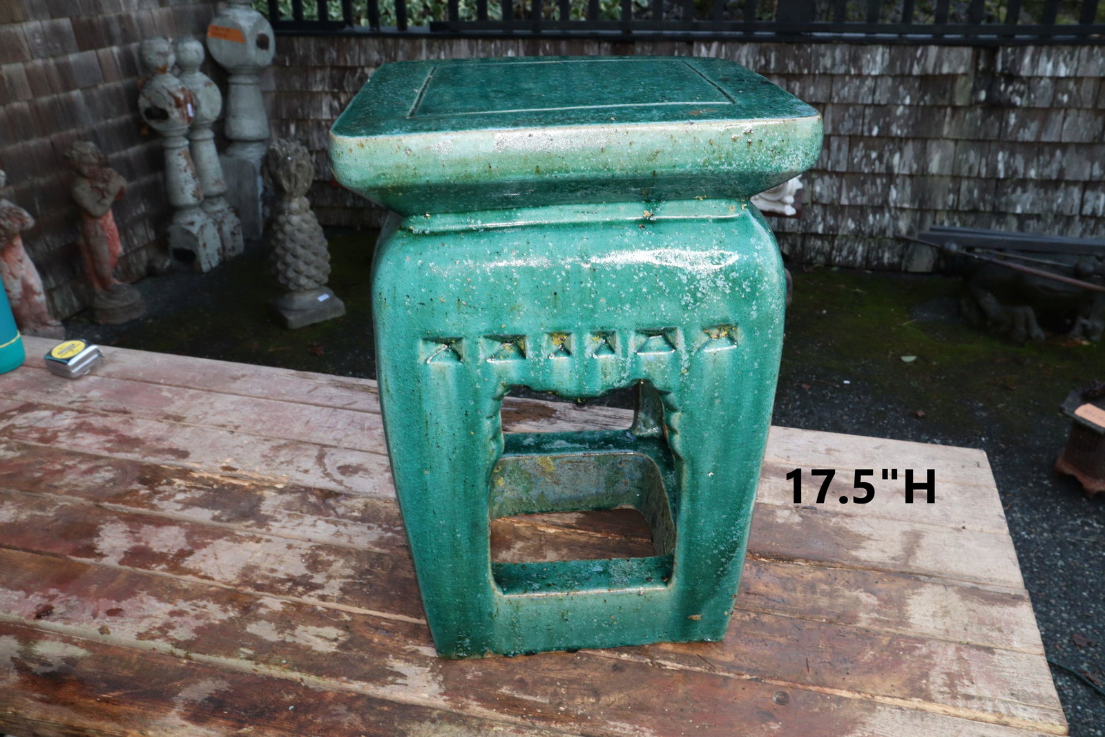 ANTIQUE CHINESE GARDEN STOOL, SPECKLED CRAZED GREEN GLAZE, BLUE UNDERGLAZE, CUT-OUTS ON ALL SIDES: Antique Chinese Garden Stool, Speckled Crazed Green Glaze With Blue Underglaze, Cut-Outs On All Four Sides, 12.5X12.5X17.5"H 45#