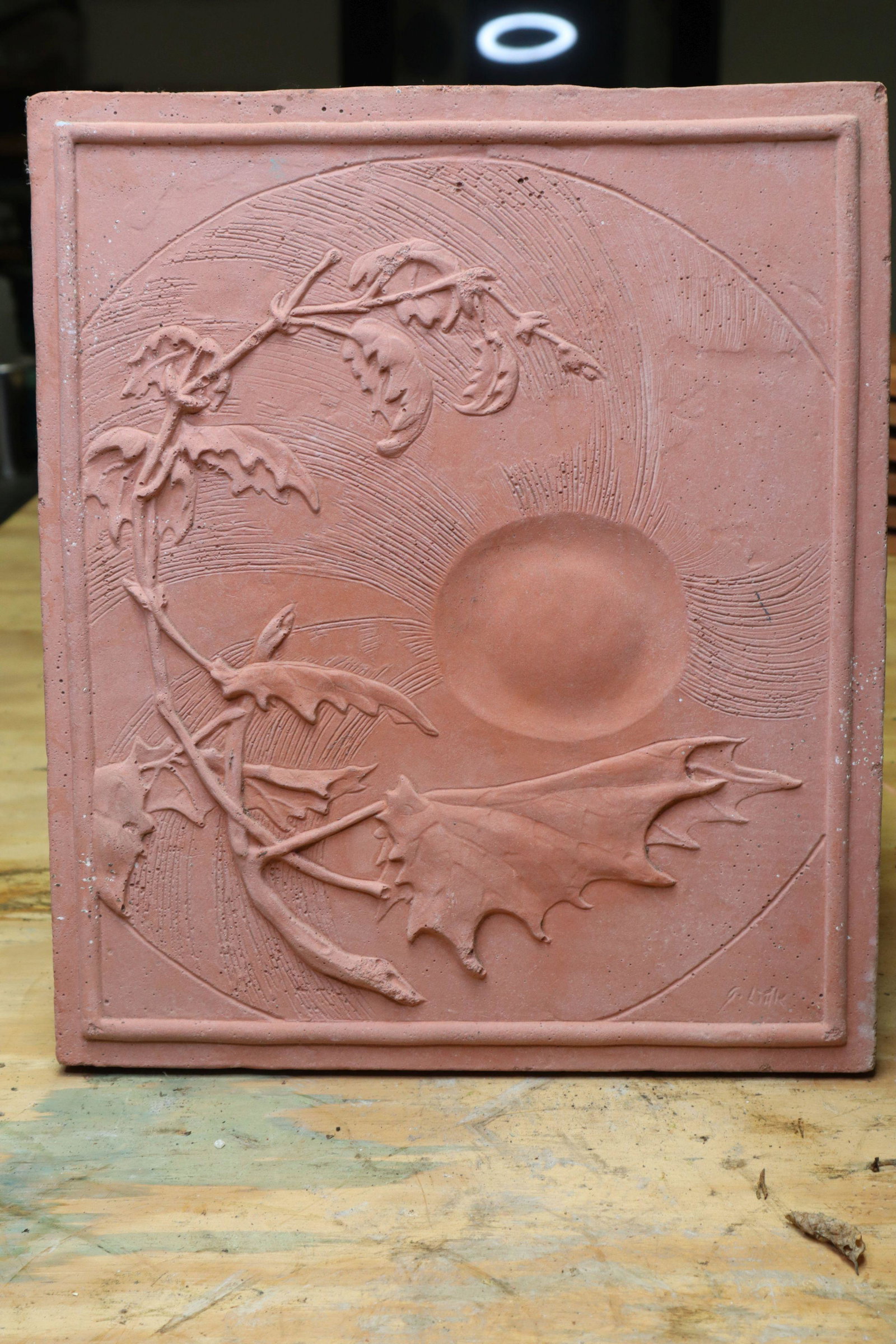 G. LITTLE TERRACOTTA SCULPTURE WALL HANGING, BRANCH AND LEAF, 11X13X3/4": G. Little Terracotta Sculpture Wall Hanging, Branch And Leaf, 11X13X3/4"
