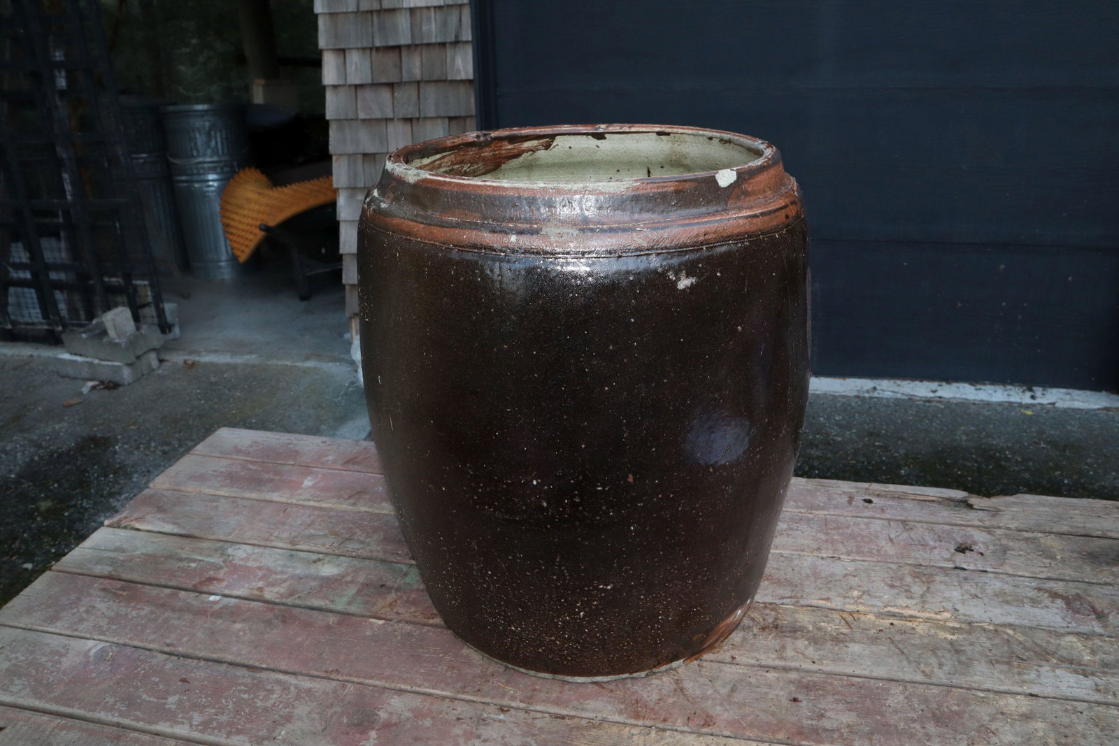 LARGE ANTIQUE TERRA COTTA CHINESE SOY SAUCE POT, 15.5X17"H 25#: Large Antique Terra Cotta Chinese Soy Sauce Pot, 15.5X17"H 25#