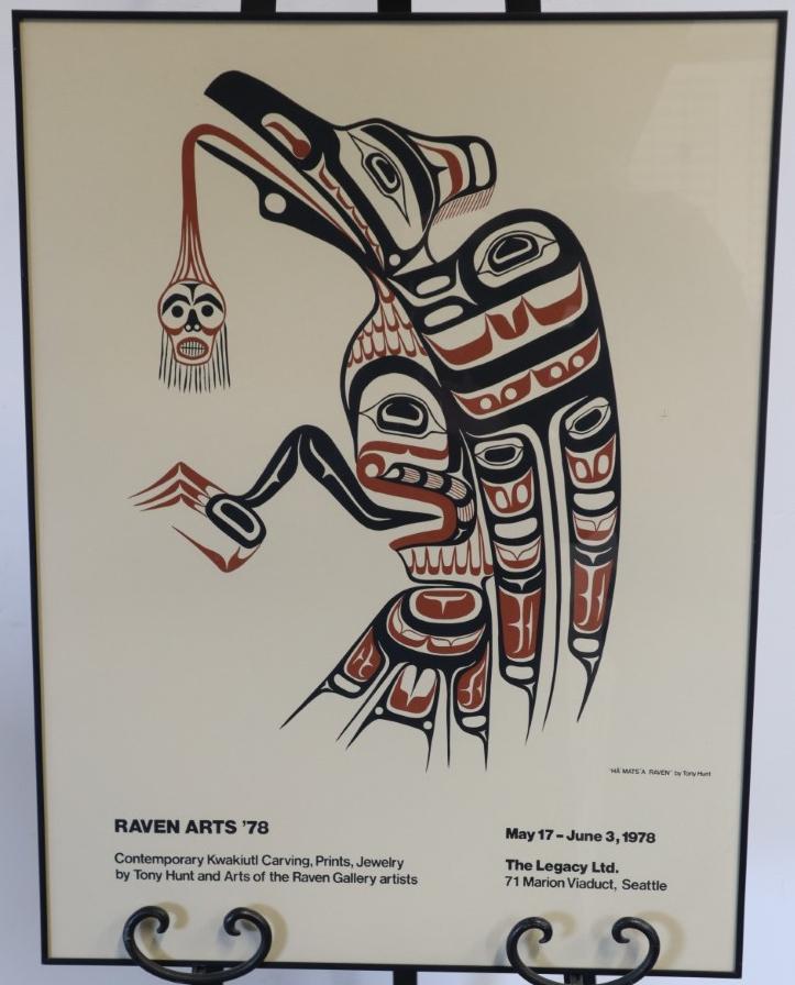 RAVEN ARTS POSTER, 1978, WITH "HA' MATS'A RAVEN": Raven Arts Poster, 1978, With "Ha' Mats'A Raven" By Tony Hunt, The Legacy Ltd., Seattle, WA, Framed 19-1/8X25-1/8, Black Metal Frame