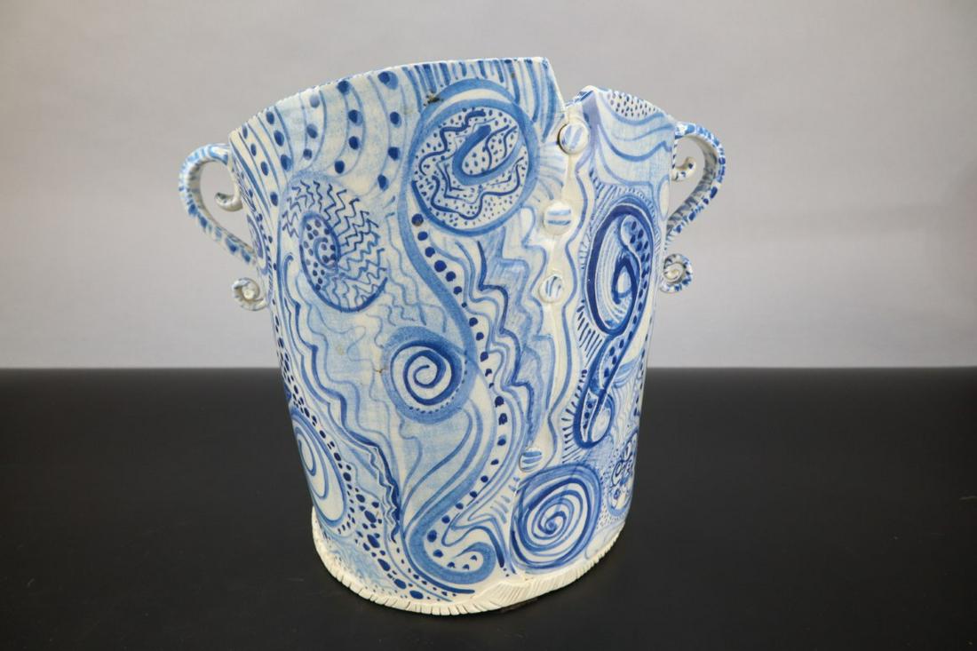 MICHELLE KIRSCH FLOWER BUCKET, BLUE & WHITE, SLAB: Michelle Kirsch Flower Bucket, Blue & White, Slab Built Pottery With Buttons, Double Handles, 11-1/4X7-1/2X10, Marked Mk On Bottom