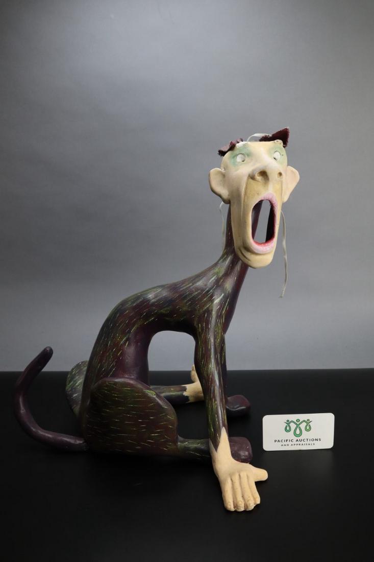 PURPLE CAT MAN SCULPTURE, WITH REMOVABLE FACE MAS: Purple Cat Man Sculpture, With Removable Face Mask, Handmade Paper Mache And Other Materials, 15X12X15, Marked M. Bacon On Bottom