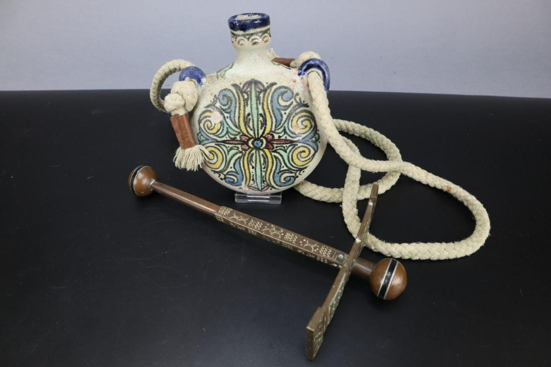 MOROCCAN PAINTED CLAY POWDER FLASK AND SUGAR HAMM: Moroccan Painted Clay Powder Flask And Sugar Hammer, 5" And 9"