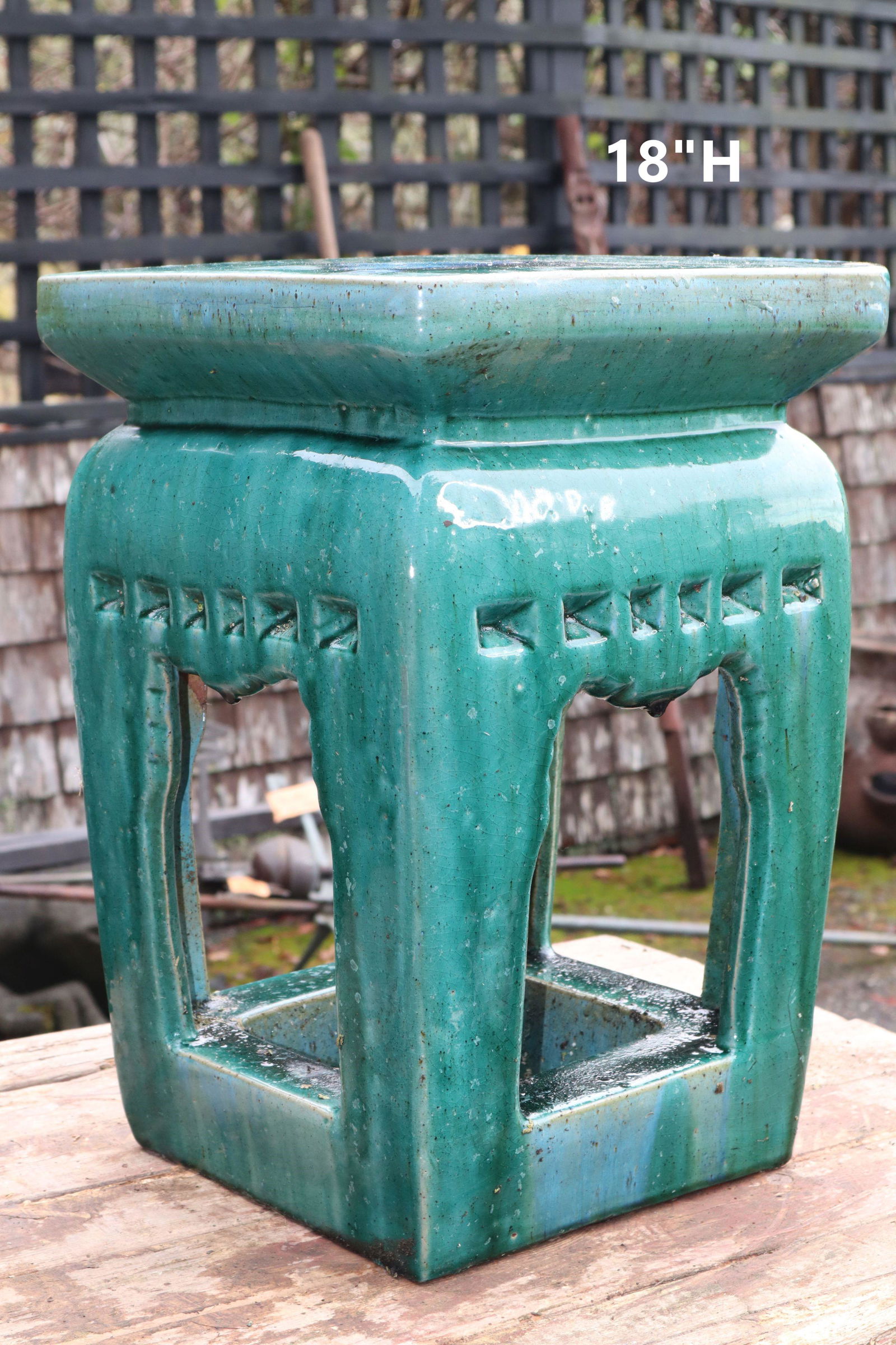 ANTIQUE CHINESE GARDEN STOOL, SPECKLED CRAZED GRE: Antique Chinese Garden Stool, Speckled Crazed Green Glaze With Blue Underglaze, Cut-Outs On All Four Sides, 12.5X12.5X18"H 45#