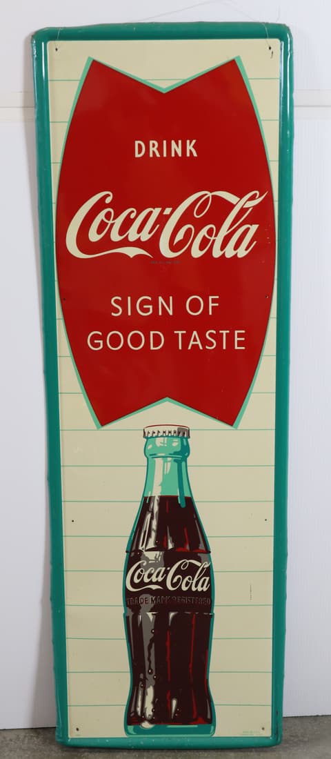 COCA-COLA SIGN OF GOOD TASTE VERTICAL GREEN BORDERED FISHTAIL SELF-FRAMED SIGN WITH BOTTLE GRAPHIC. (1 of 6)
