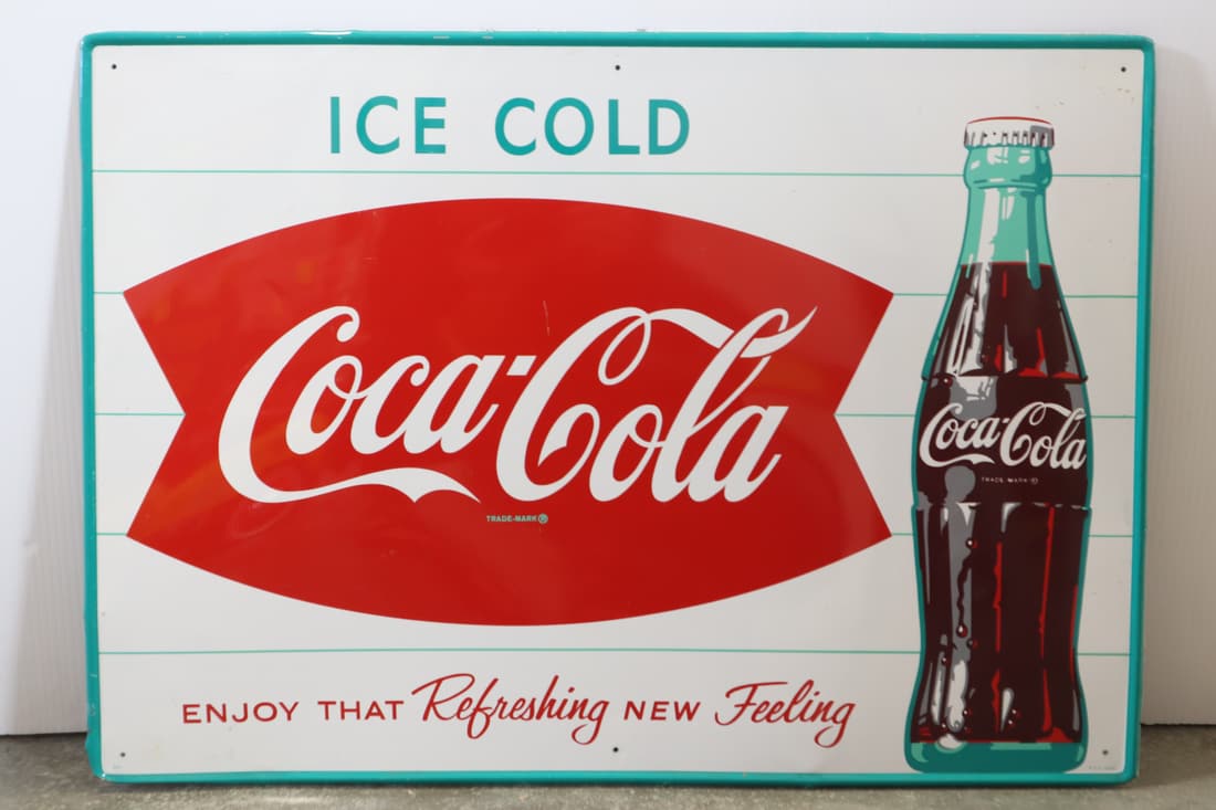 COCA COLA FISHTAIL ICE COLD METAL SELF-FRAMED SIGN, 27.75X19.75", 007 MCA 2033 (1 of 5)