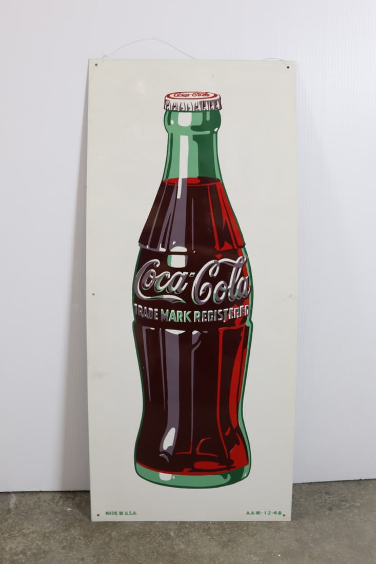 1948 COCA COLA BOTTLE GRAPHIC WHITE TIN SIGN, 13.75X31.5, MADE IN USA AAW 12-48 (1 of 4)