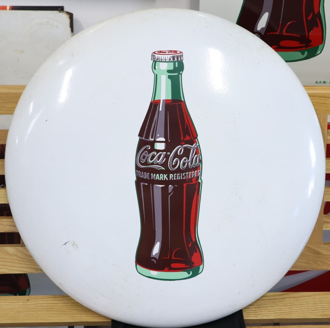 24" COCA COLA METAL ROUND BUTTON BOTTLE GRAPHIC SIGN, (1 of 6)