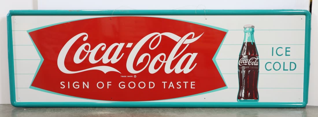 1961 COCA COLA SIGN OF GOOD TASTE ICE COLD SELF-FRAMED TIN SIGN, 18X54", 008 MCA 1161 (1 of 6)