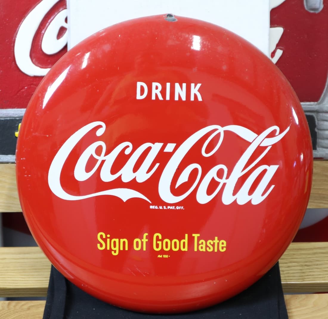12" DRINK COCA COLA SIGN OF GOOD TASTE METAL ROUND BUTTON SIGN, AM 1?? (1 of 5)
