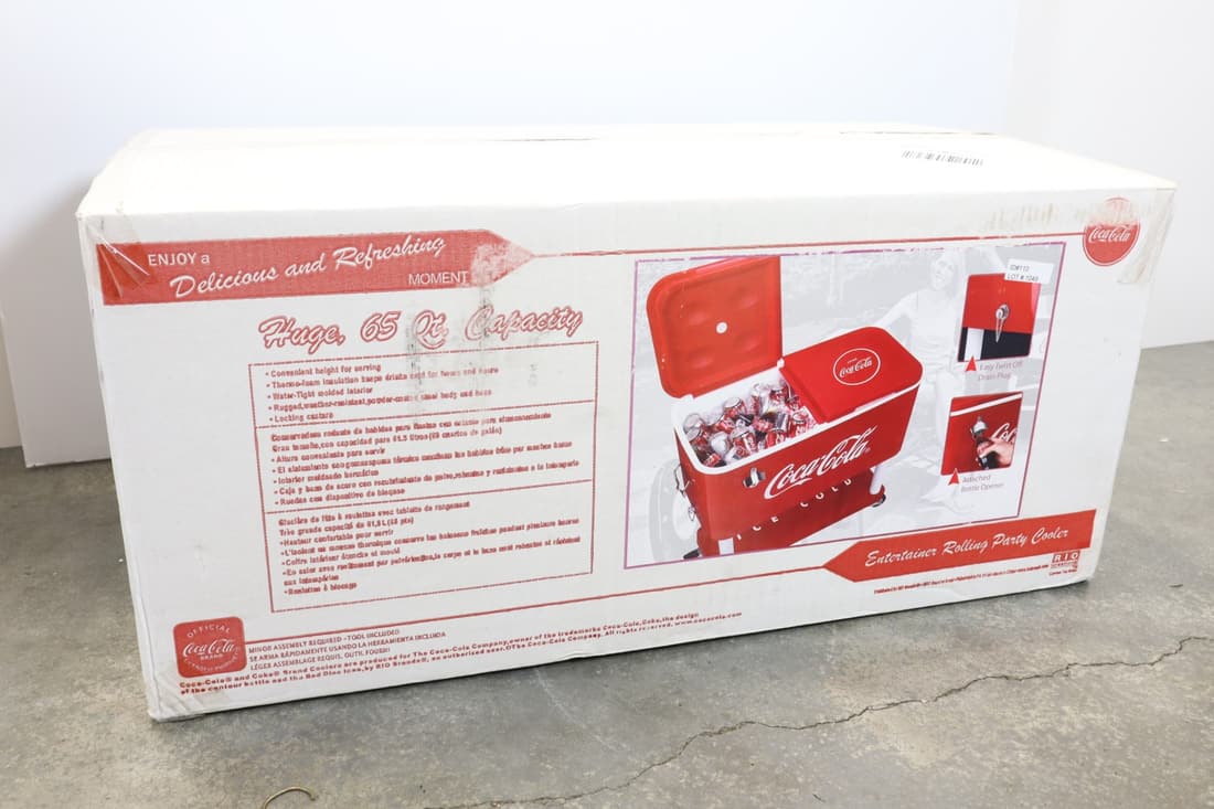 COCA COLA ENTERTAINER ROLLING PARTY COOLER, 65 QT. CAPACITY, NEW IN BOX, (1 of 3)