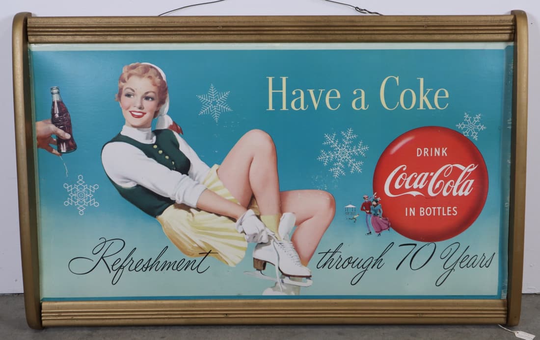 1955 COCA COLA SKATER ON POSTERBOARD WITH ORIGINAL WOOD FRAME, 37X24", STAMPED PROPERTY OF COCA COLA (1 of 11)