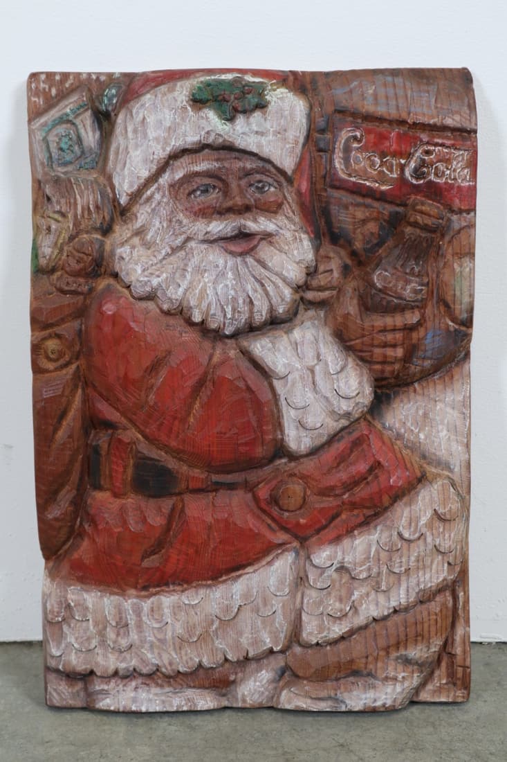 CARVED WOODEN SANTA SCULPTURE WITH COCA COLA BOTTLE, 11.5X17X1.5", SIGNED INGEBORG T 1994 (1 of 5)