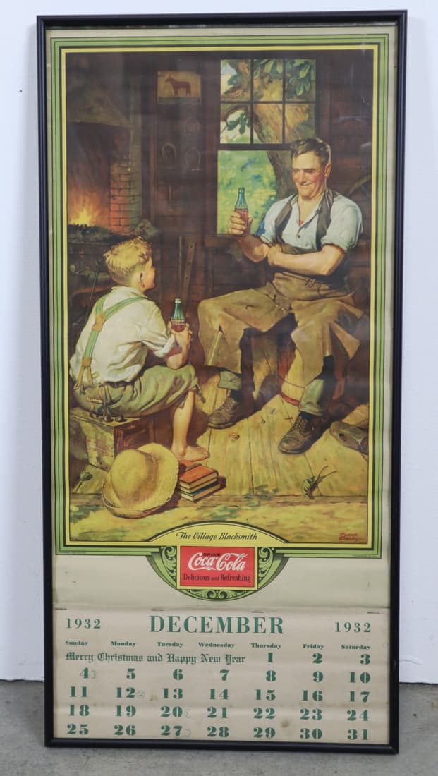 1933 COCA COLA THE VILLAGE BLACKSMITH CALENDAR COMPLETE FRAMED, 12.25X25.25" (1 of 9)