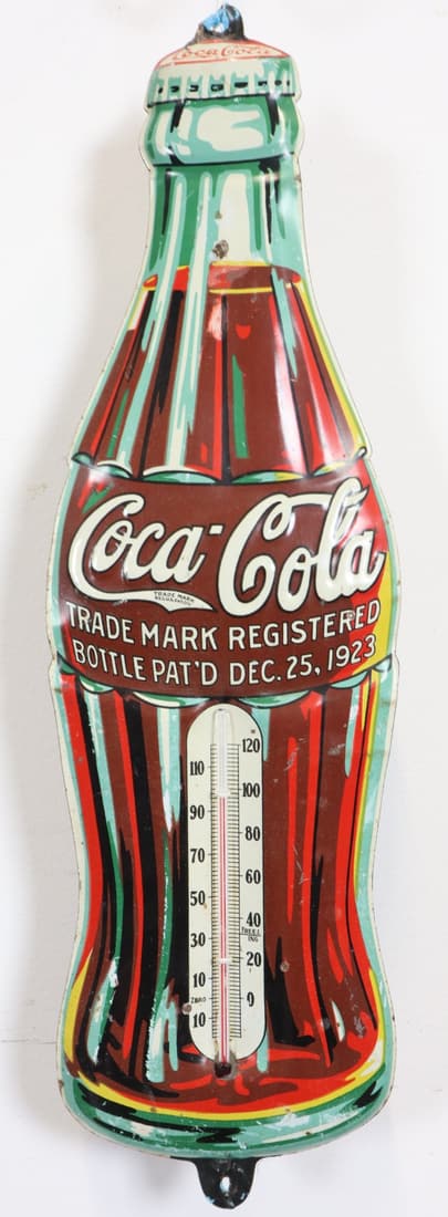 COCA COLA EMBOSSED TIN BOTTLE THERMOMETER 5X17", MADE IN USA 35 (1 of 4)