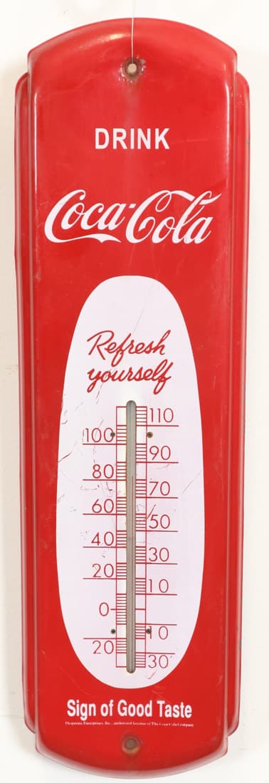 DRINK COCA COLA REFRESH YOURSELF SIGN OF GOOD TASTE TIN THERMOMETER 5X17", DESPERATE ENTERPRISES (1 of 5)