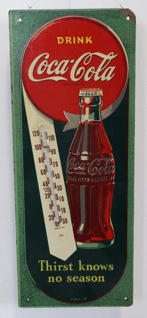 COCA COLA THIRST KNOWS NO SEASON MASONITE THERMOMETER, 6.75X17", AM 6-4 (1 of 4)
