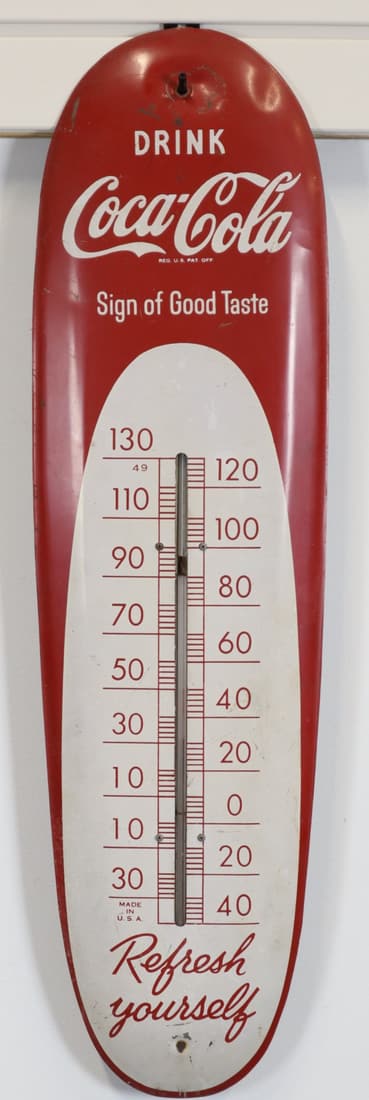 1949 COCA COLA SIGN OF GOOD TASTE REFRESH YOURSELF THERMOMETER 8X30" 49 MADE IN USA. (1 of 8)