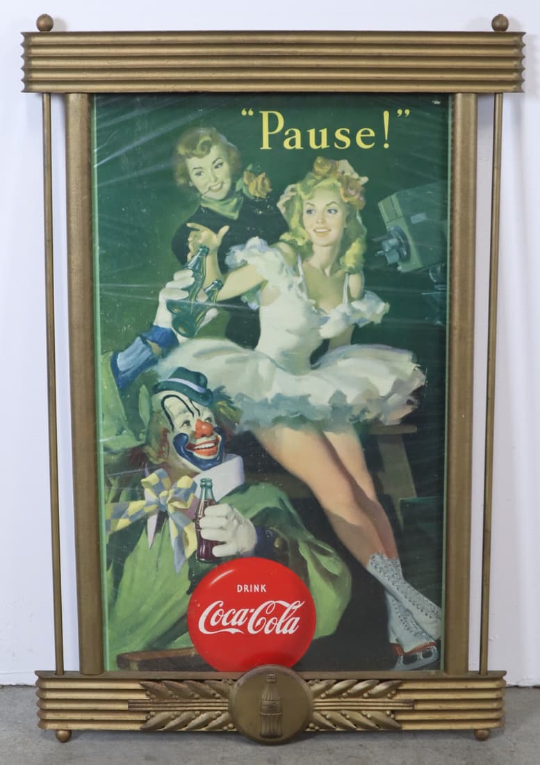 1940'S KAY DISPLAYS PAUSE! COCA COLA SIGN SKATER AND CLOWN, 21.5X31.5,WRAPPED WITH PLASTIC (1 of 11)