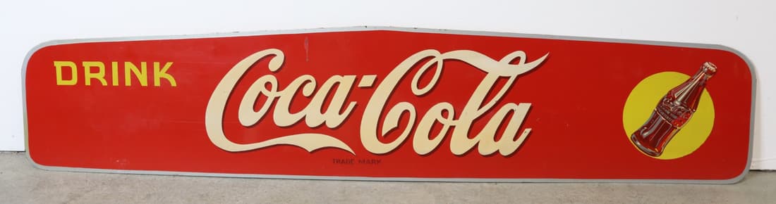 1940'S COCA COLA DELIVERY TRUCK MARQUEE SUNBURST WITH BOTTLE GRAPHIC SIGN, 48X10" (1 of 7)