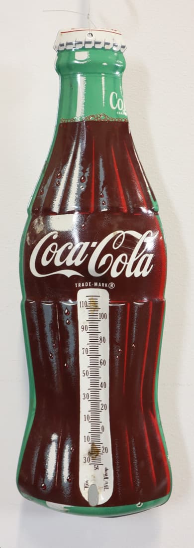 1954 COCA COLA DIE-CUT BOTTLE TIN THERMOMETER, 5X16.5", MADE IN USA (1 of 5)