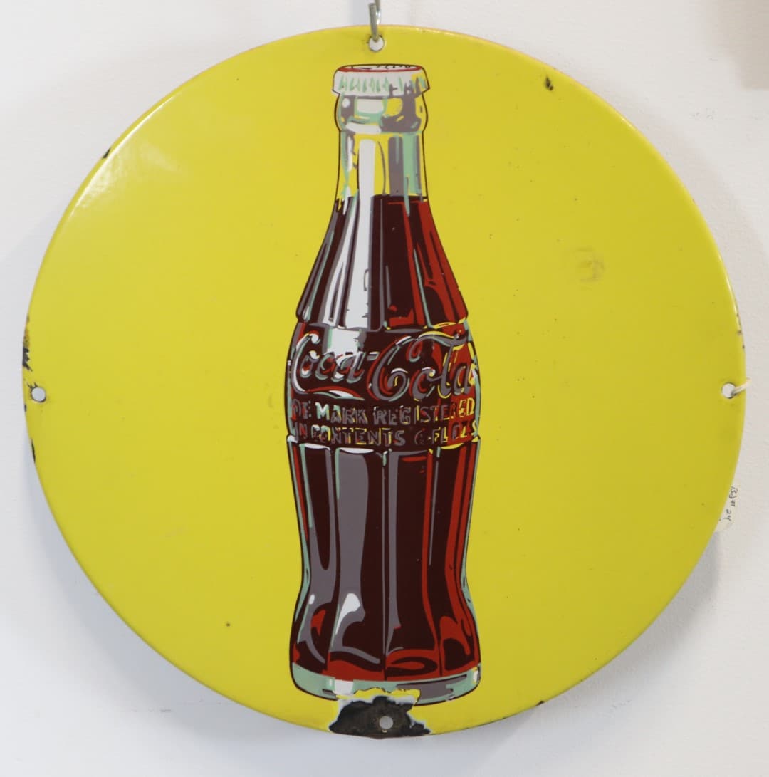 1939 COCA COLA YELLOW PORCELAIN ROUND SIGN, 15.75X.5", THICK STEEL. (1 of 8)