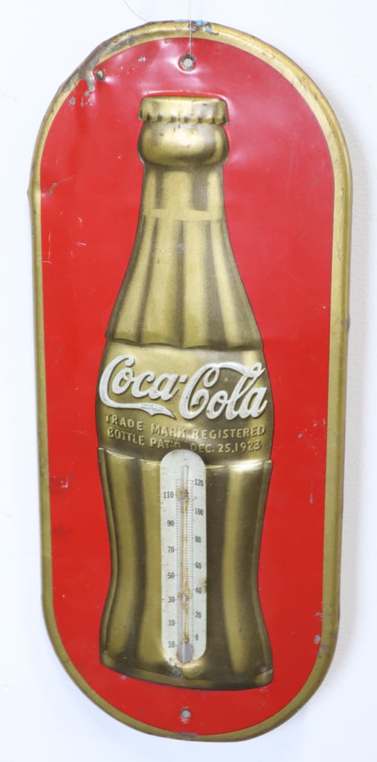 1930'S GOLD AND RED COCA COLA EMBOSSED BOTTLE THERMOMETER, 6.75X15.75" (1 of 6)