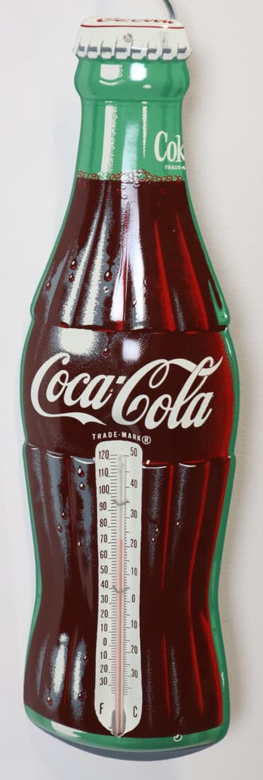 1950'S COCA COLA DIE-CUT BOTTLE TIN THERMOMETER, 5X16.5", DONASCO MADE IN USA, NEW IN BOX (1 of 5)