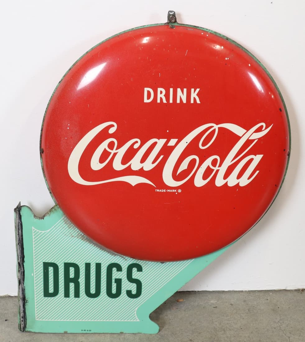 1950 RARE DRINK COCA COLA "DRUGS" DOUBLE BUTTON FLANGE SIGN, 18X23" A-M 4-50 (1 of 7)