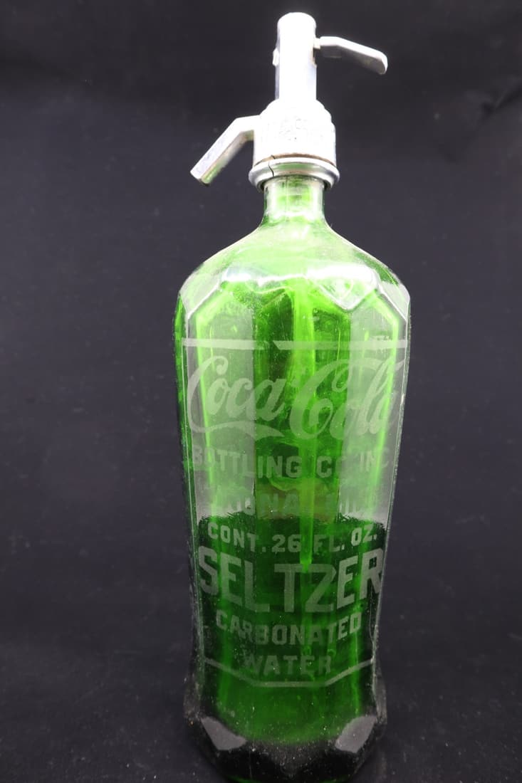 COCA COLA SELTZER CARBONATED WATER ETCHED EMERALD GREEN GLASS BOTTLE, 12" (1 of 7)
