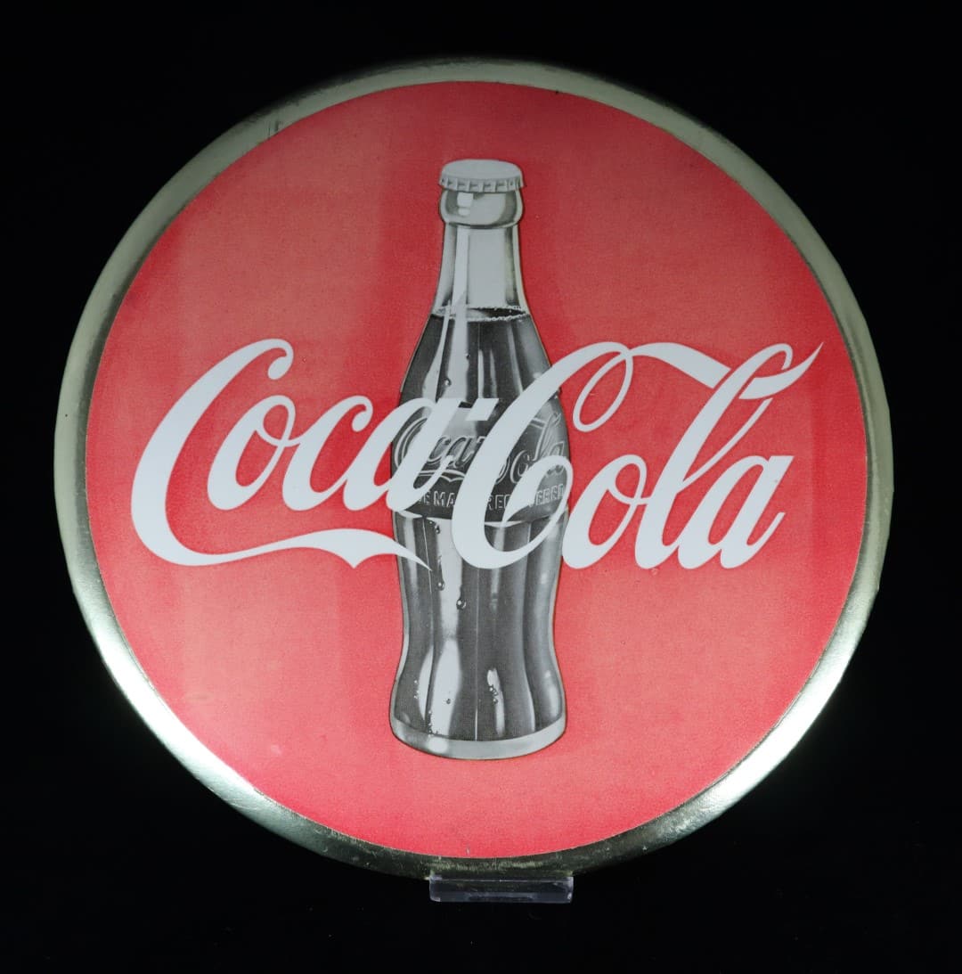 1950 COCA-COLA CELLULOID OVER CARDBOARD FOUNTAIN BOTTLE BUTTON SIGN, 8.75" ATLANTA, GA, AGENT J. (1 of 4)