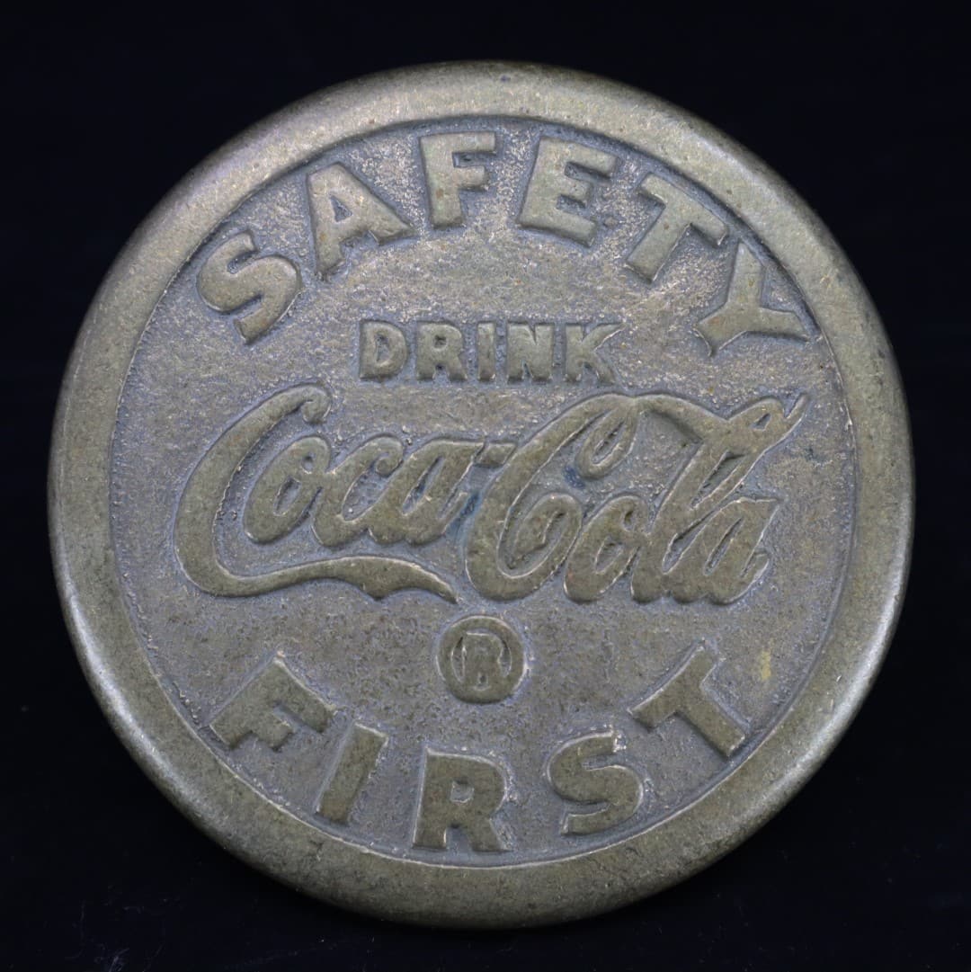 COCA-COLA BRASS SIDE WALK MARKER, 3.75", NATIONAL SAFETY MARKER CO. PONTIAC, MI, PAT. 4-11-33 (1 of 4)
