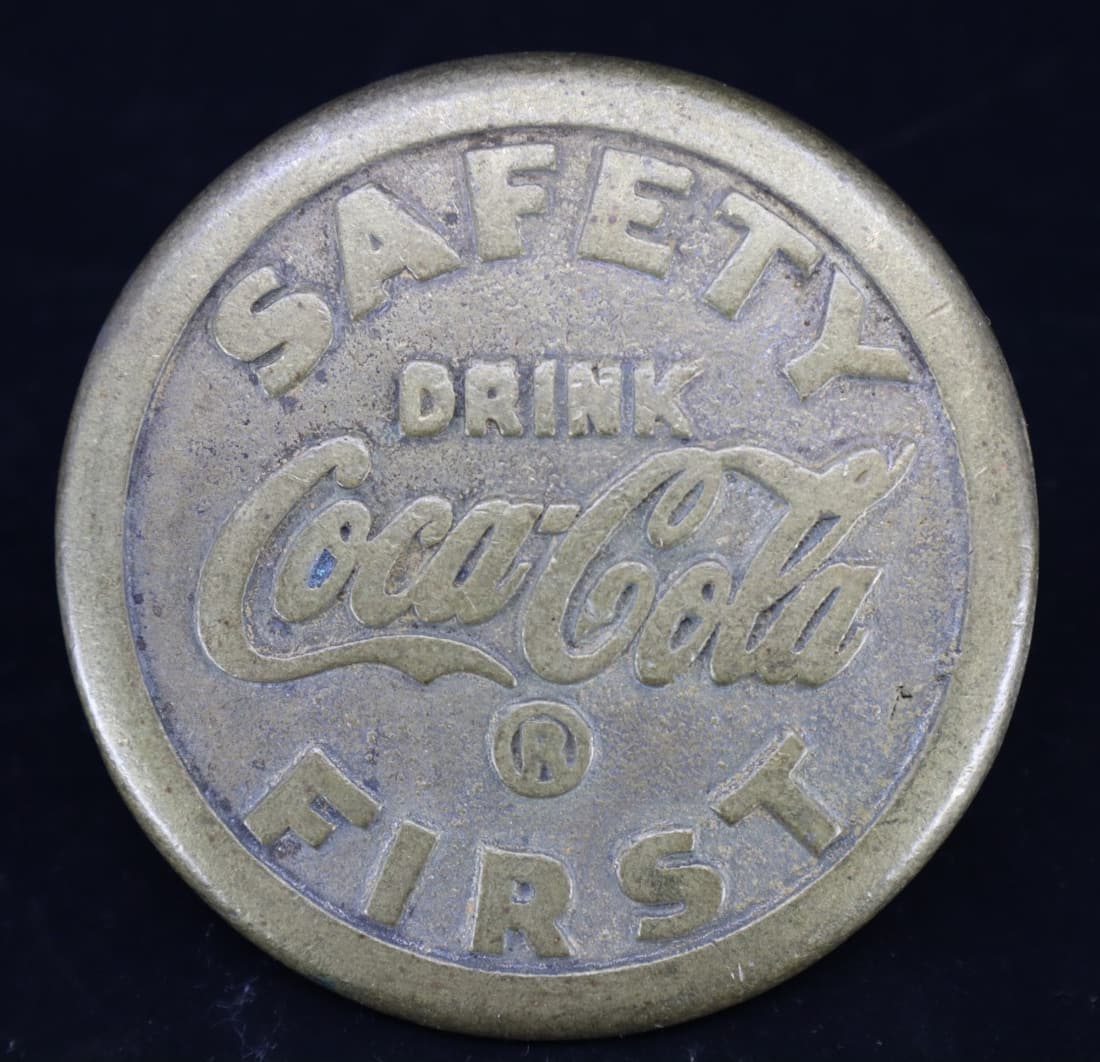 COCA-COLA BRASS SIDE WALK MARKER, 3.75", NATIONAL SAFETY MARKER CO. PONTIAC, MI, PAT. 4-11-34 (1 of 3)